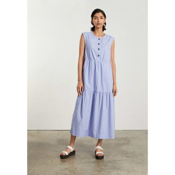 Everlane Cotton Tiered Striped Blue White Sleeveless Midi Maxi Dress S Small - Picture 12 of 13
